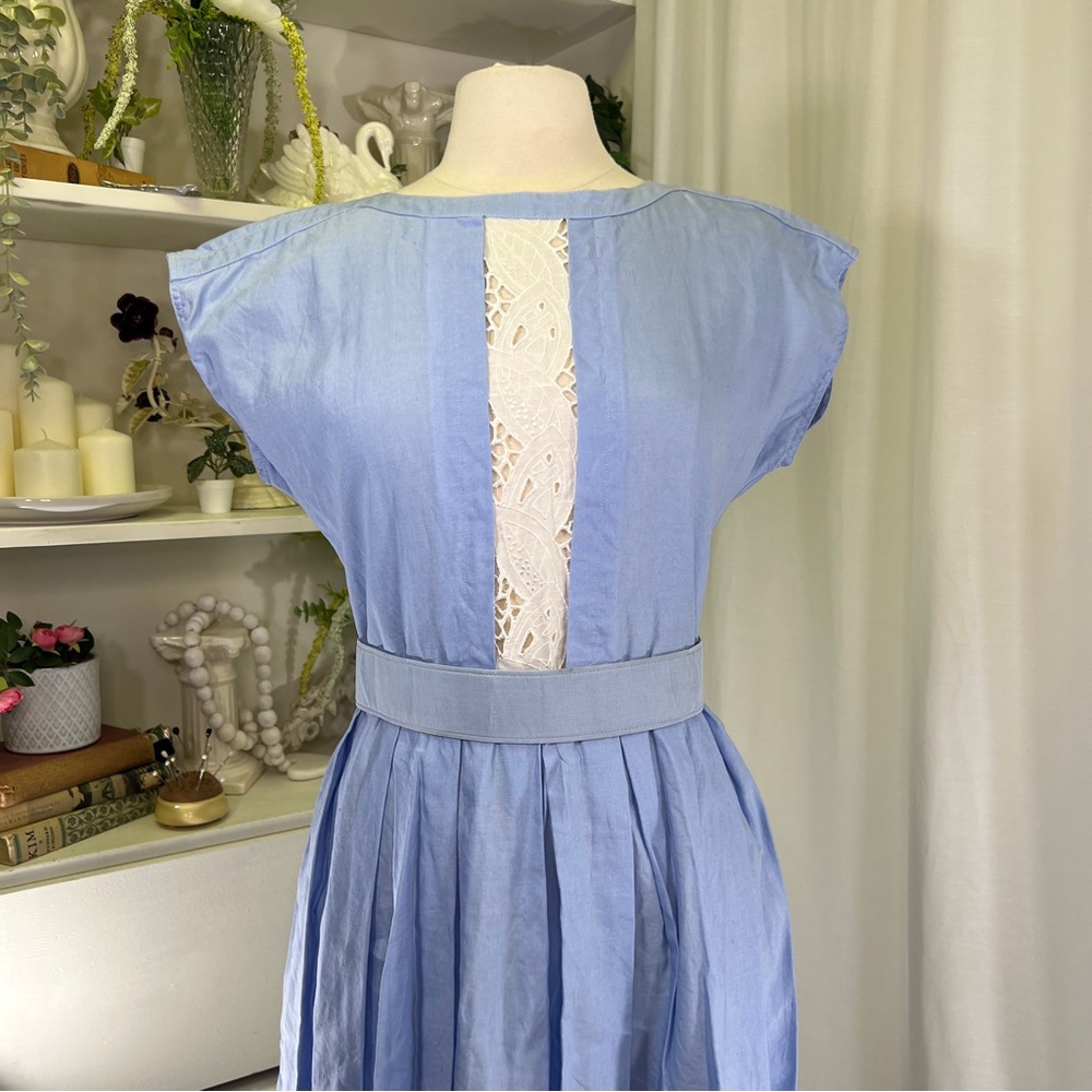 Vintage 80s Blue Dolman Sleeve Lace Cutout Midi Dress
